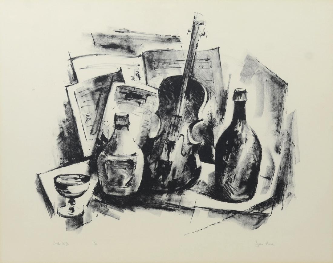 John Cuthbert Hare (American, 1908-1978), Lithograph: John Cuthbert Hare (American, 1908-1978), Lithograph, "Still Life", Still life of bottles and a violin, signed lower right; titled lower left; numbered 15/50 lower left, double-matted with metal frame