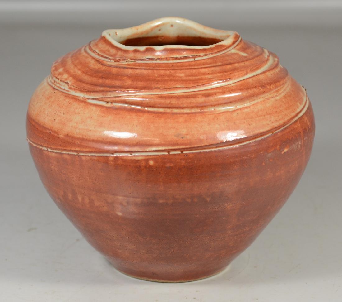 Red Glazed Stoneware Vase with Swirled Design at Top (1 of 3)