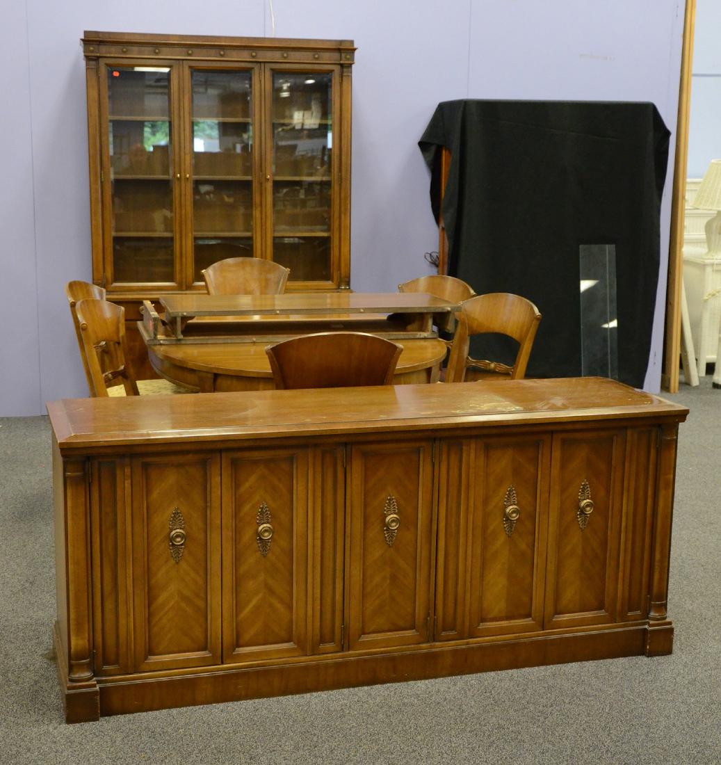 Drexel 9-piece dining room set: Drexel 9-piece dining room set, to include glass front china cabinet, sideboard, oval table with 2-18" leaves and 6 chairs, distressed sideboard top, table closed 66" w x 44" w, china cabinet 78" h x