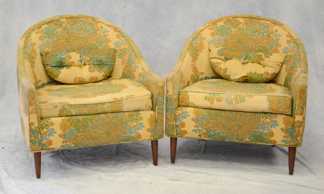 Pr Selig Midcentury Floral Upholstered Armchairs: Pair of Selig midcentury floral upholstered armchairs, 28" h
