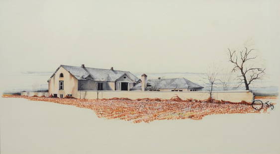 James Collins, African-American, Wilmington, DE, 20th c: James Collins, African-American, Wilmington, DE, 20th c, w/c, View of Blue Ball Barn, 15" x 27" signed lower right