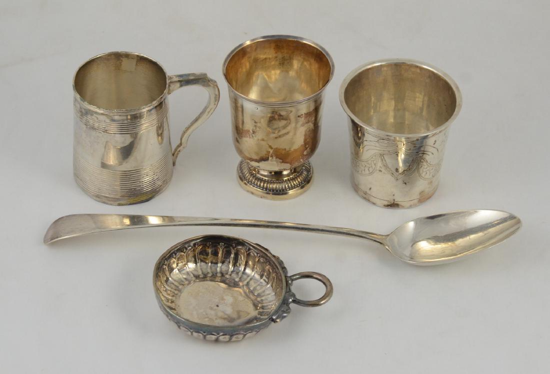 (5) pcs Georgian/Continental silver: (5) pcs Georgian/Continental silver, London 1802 child's mug, 3" tall; London 1809 stuffing spoon,11 1/4" l; 18th c French wine taster, 19th c; French wine cup, 3 3/8" tall; 19th c Norwegian beaker 2 