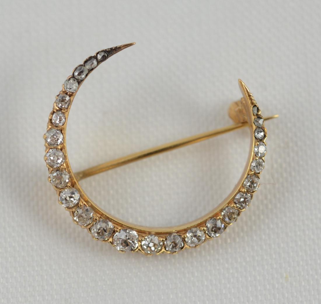 Unmarked 14K YG diamond crescent pin (1 of 2)