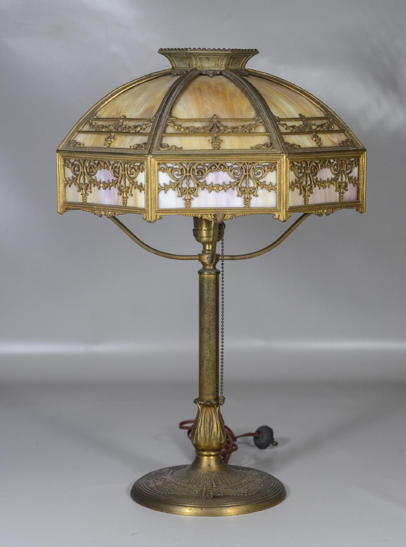 Bradley & Hubbard Slag Glass Gilt Metal Overlay Lamp: Bradley & Hubbard Octagonal Slag Glass Lamp with Gilt Metal Overlay, 16 panels, approx 23" h; shade diameter 14"