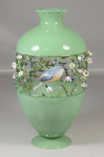 Kari Russell-Pool/Marc Petrovic, 2000 jade glass vase: Kari Russell-Pool/Marc Petrovic, 2000 jade glass vase with openwork birds and flowers, 16-1/4" h, 3 flower petals broken; one flower entirely broken off, some flower parts and petals have been retaine