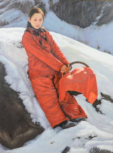 After Wang Yidong, "Picnic in the Snow", o/c: After Wang Yidong, "Picnic in the Snow", oil on canvas, bears signature "Wang Yidong 1999", oil on canvas, very good condition, measures 47" x 35-1/2", in a 52" x 40-1/4" frame