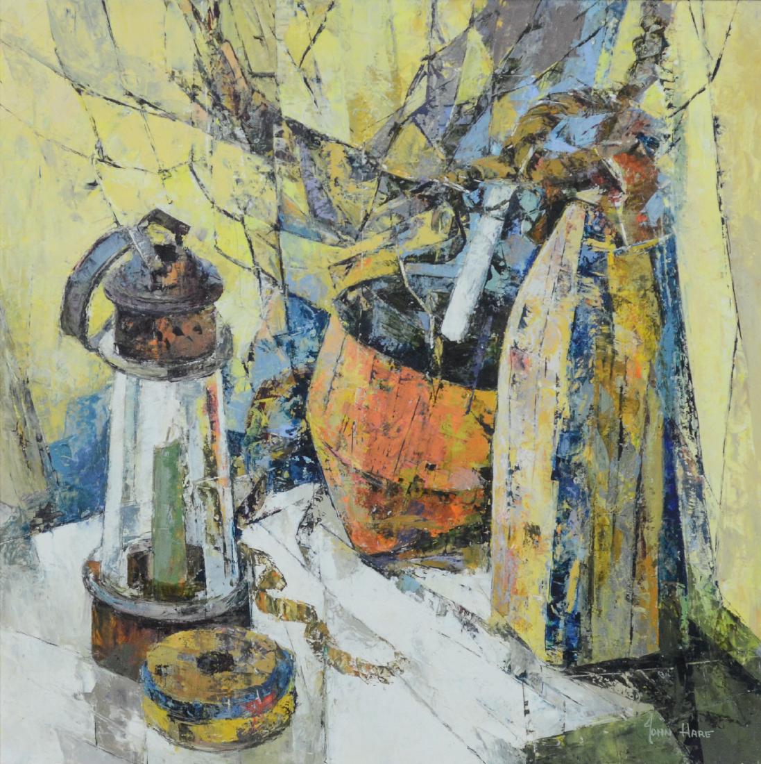 John Cuthbert Hare (American, 1908-1978), O/C: John Cuthbert Hare (American, 1908-1978), Oil on canvas, Still life with lantern and floats, signed lower right, wood with linen liner frame, image: height 20”, width 20”, overall: height 26-1/2��