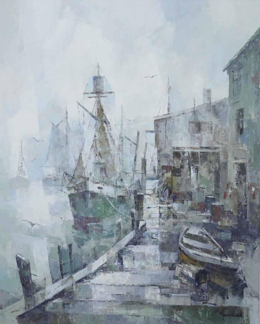 John Cuthbert Hare (American, 1908-1978), O/C: John Cuthbert Hare (American, 1908-1978), Oil on canvas, Overcast scene with boats in a harbor, signed lower right, wood frame with linen liner, image: height 31”, width 25”, overall: height 31-1/