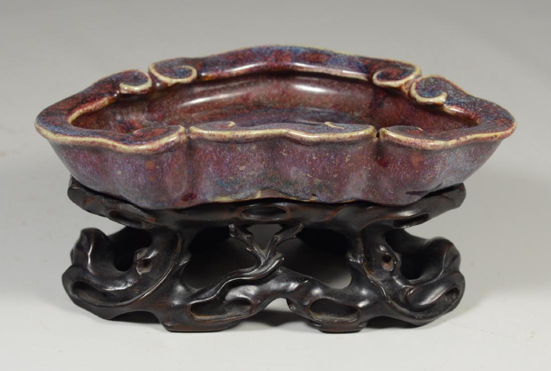 Chinese Flambe Glaze Brush Washer: Chinese flambe glaze brush washer with stand, 8-1/2" w, one repaired chip to lip