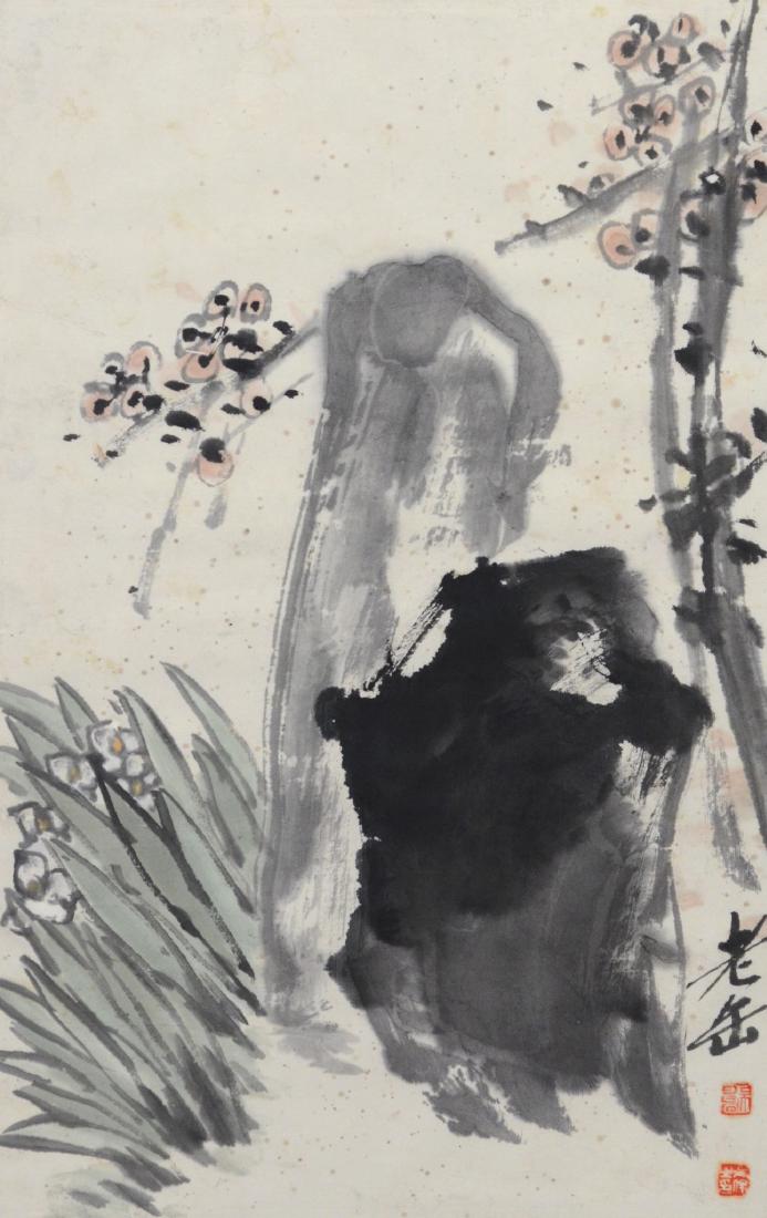 Chinese Scroll with Foliage, Framed: Chinese scroll with foliage, characters and red seals, 21-1/4" x 13-1/2" sheet, in a 28-1/4" x 17-1/4" frame, fair condition, tear on left corner, foxing spots