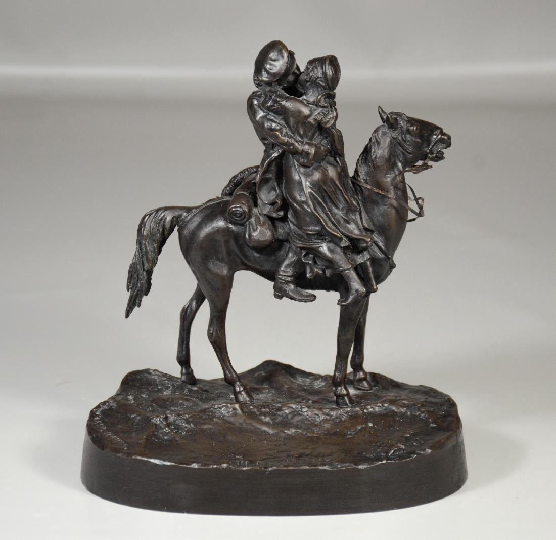After Vasily Grachev, cast by C.F. Woerffel, Russian,: After Vasily Grachev, cast by C.F. Woerffel, Russian, St Petersburg, Bronze sculpture of Cossack on Horseback Kissing a Girl, "The Farewell Kiss", oval base stamped "FABR. CF WOERFFEL ST PETERSBURG",