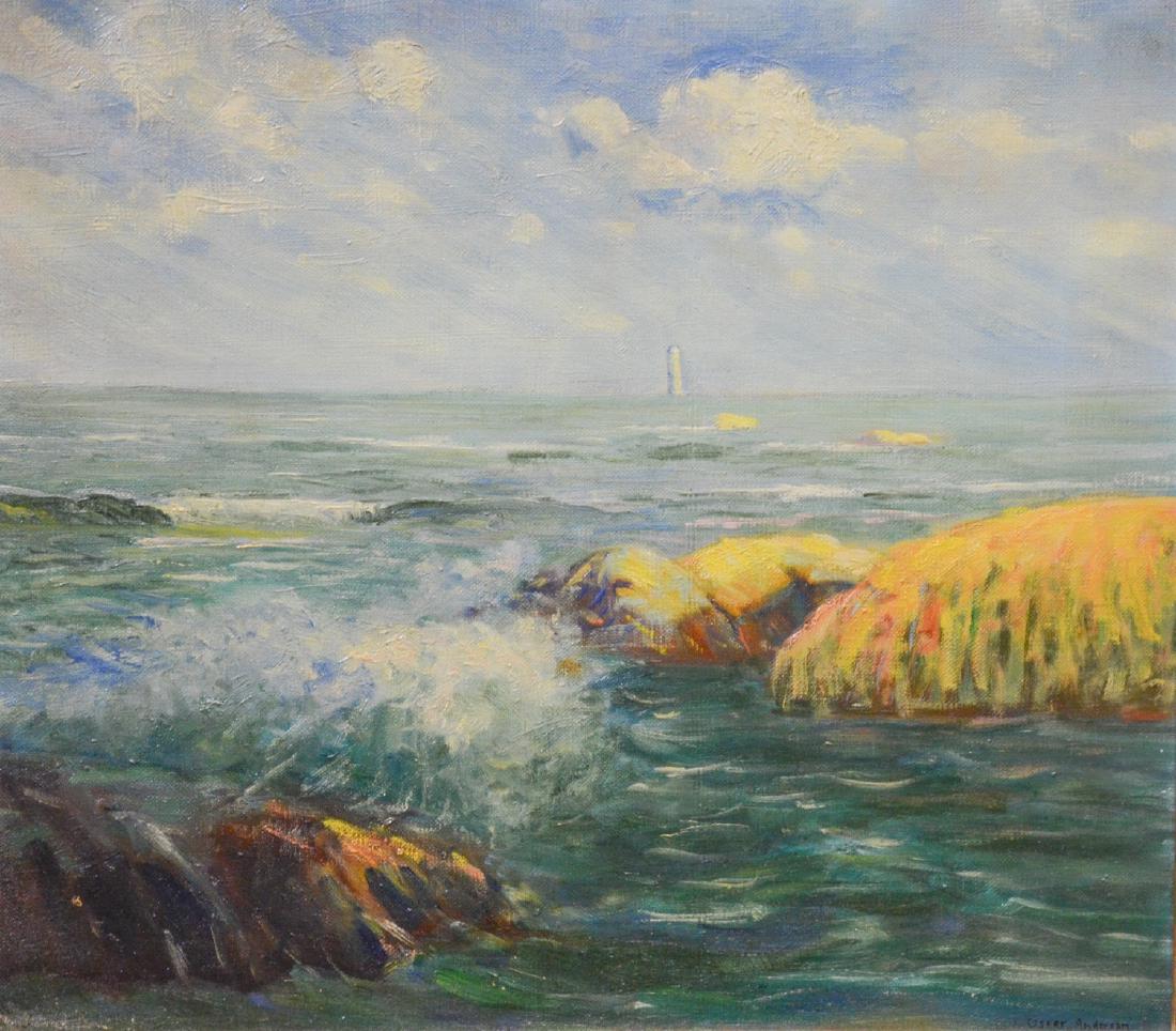 Oscar Anderson, American, OH/MA, o/c, 14" x 16": Oscar Anderson (American, OH/MA, 1873-1953), o/c, Light House in Breaking Surf Seascape, 14" x 16"