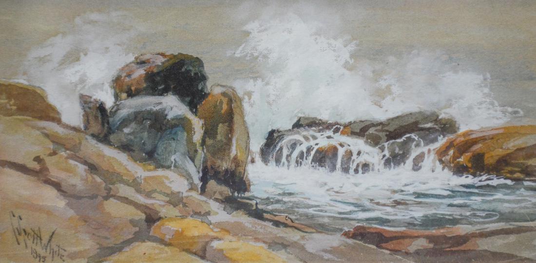 C Scott White, American, MA, 1872-1965, w/c, 5" x 10": C Scott White (American, MA, 1872-1965), w/c, Breaking Waves, 1915, 5" x 10"