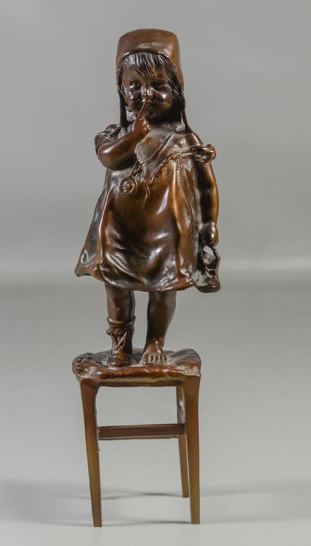 Bronze figure of young girl on stool: Bronze figure of young girl on stool, signed Juan Clara, 12" h
