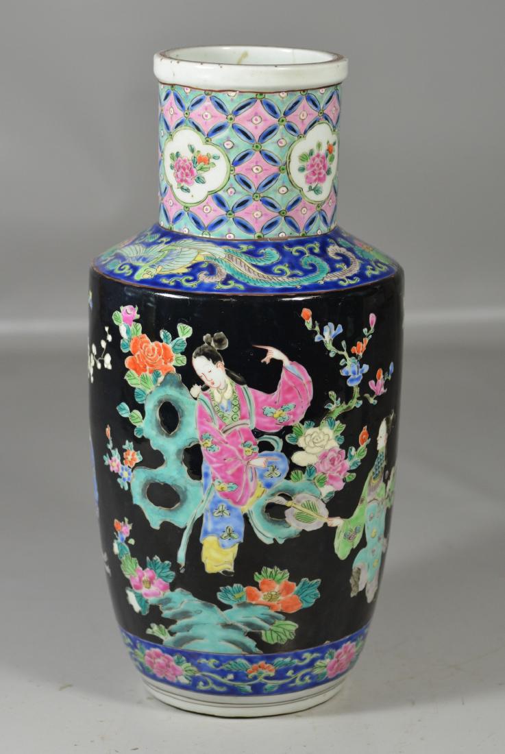 Japanese Famille Noire Vase: Japanese Famille Noire Vase decorated with maidens, marked Nippon to base, approx 3" hairline at rim, 14-1/4" h