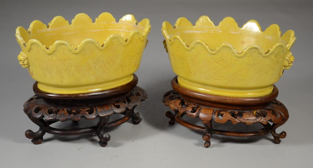 Pair of Chinese Oval Yellow Glazed Monteith Bowls (1 of 11)