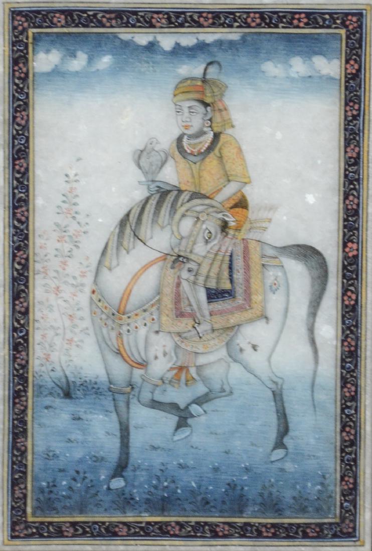 Asian painting on alabaster, figure on horseback: Asian painting on alabaster depicting figure on horseback, unsigned, measures 6" x 4", in an 11" x 9" frame, very good condition