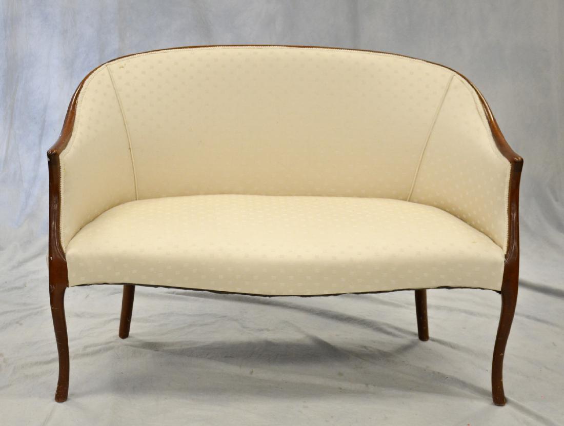 French style loveseat, cream upholstery: French style loveseat, cream upholstery, 47" w x 33-1/2" h, upholstery stained