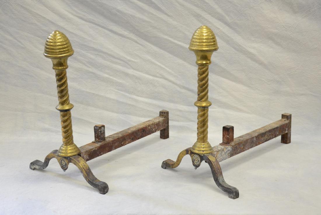 Brass andirons with twisted column and beehive tops: Brass andirons with twisted column and beehive tops, 18-1/4" h x 19" d