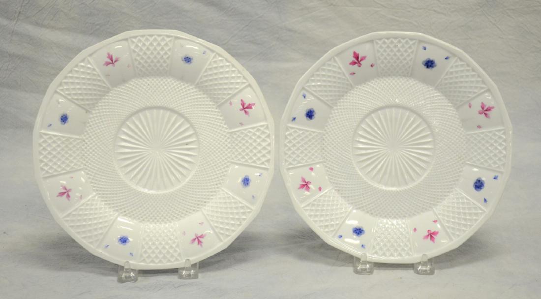 Pair of Meissen style basket weave plates: Pair of Meissen style basket weave plates with cross swords mark to base, 9" diameter