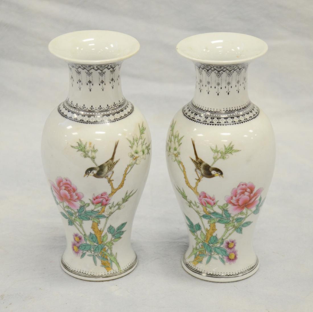 Pr Chinese Republic Period vases: Mirror pair of Chinese Republic Period vases with birds and flowers , calligraphy to backs, marks to base, 8-1/4" h