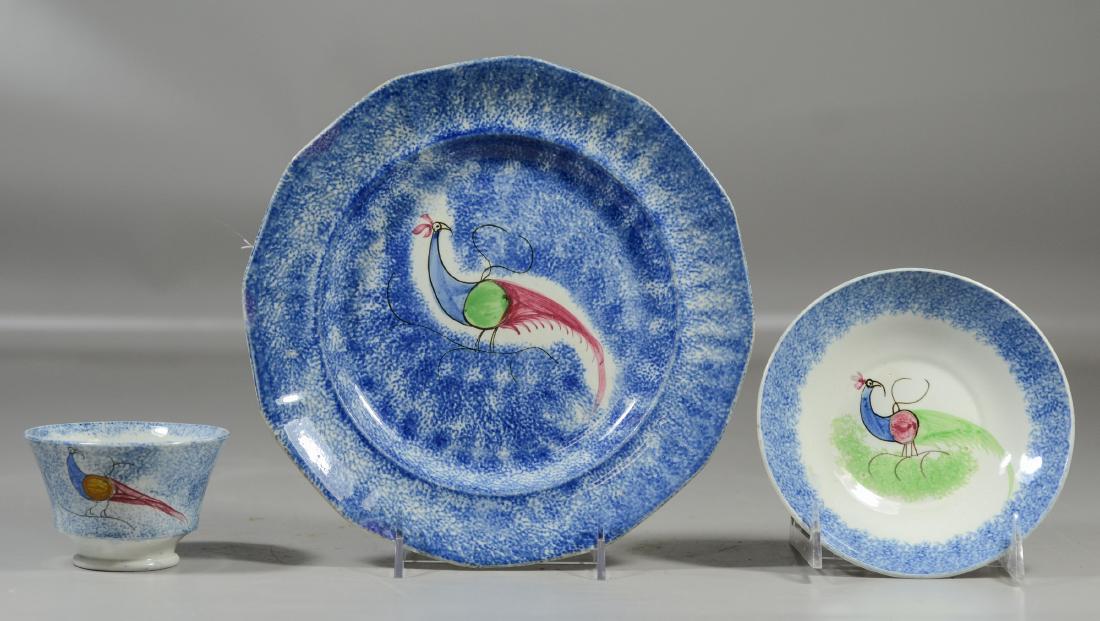 (3) pcs blue pea fowl spatterware (1 of 6)