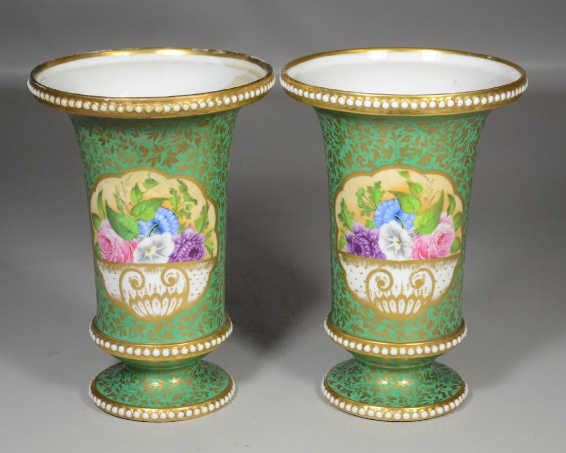 Early PR Crown Derby beaker vases with exquisite floral: Early PR Crown Derby beaker vases with exquisite floral enameling, beaded edge, one with old professional restoration, both drilled for lamps, 9" h