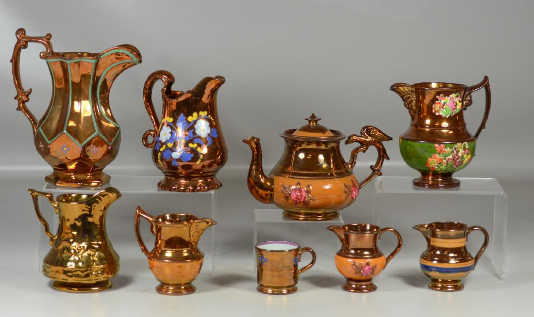 (9) pcs English copper luster to include a teapot with (1 of 3)