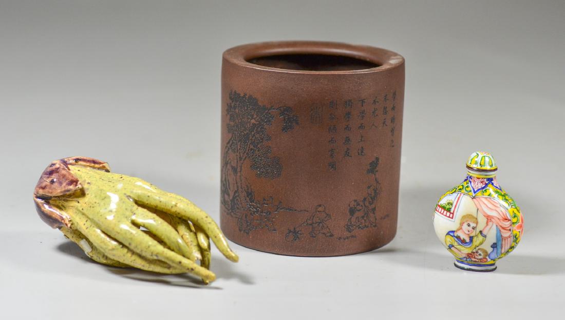 (3) Chinese items, Yixing brush pot with landscape and (1 of 8)