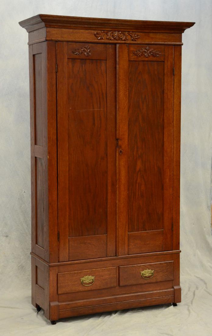 Antique carved Victorian solid oak 2-door armoire, (1 of 3)