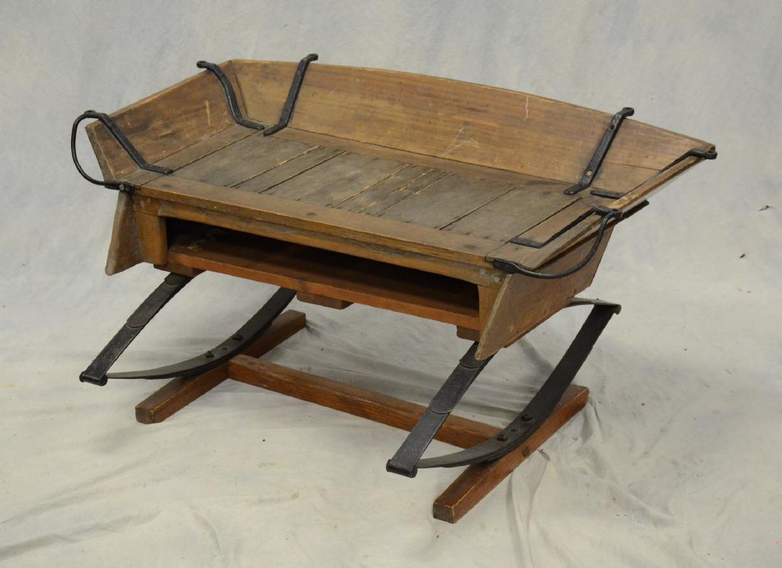 Antique wrought iron & pine wagon seat, iron spring: Antique wrought iron & pine wagon seat, iron spring base, 20-1/2" h x 41-1/4" w x 28-1/4" d, good condition for age, some replaced parts