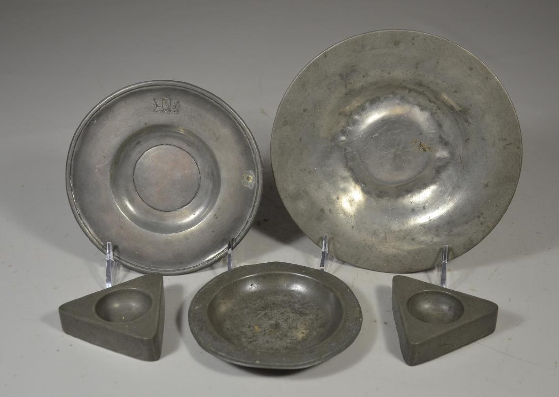(3) Early Pewter Plates and Pair of Salts (1 of 4)