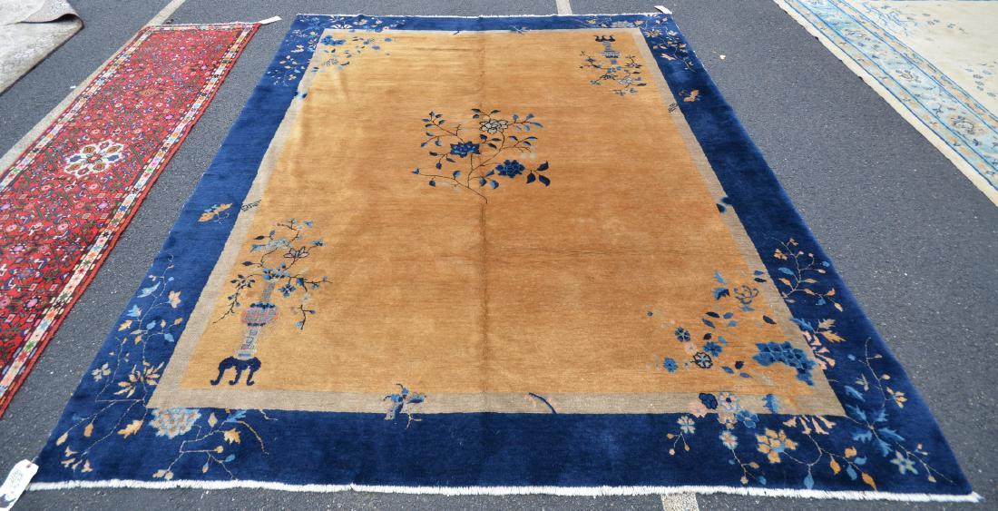 8'5" x 9'5" Nichols Chinese rug: 8'5" x 9'5" Nichols Chinese rug ***Condition Report: Circa 1930-1940; no odors noted, Thin in spots, especially the beige inner border, edges need overcasting, small losses at either end, minor areas 