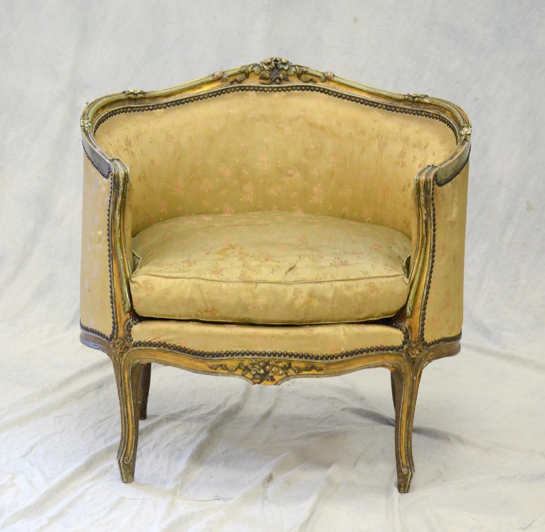 Antique Louis XV Style Gilt and Paint Carved Bergere: Antique Louis XV style gilt and paint decorated carved bergere, finely carved frame, distressed paint, very good condition, 32-3/4" h x 32-3/4" w x 24" d