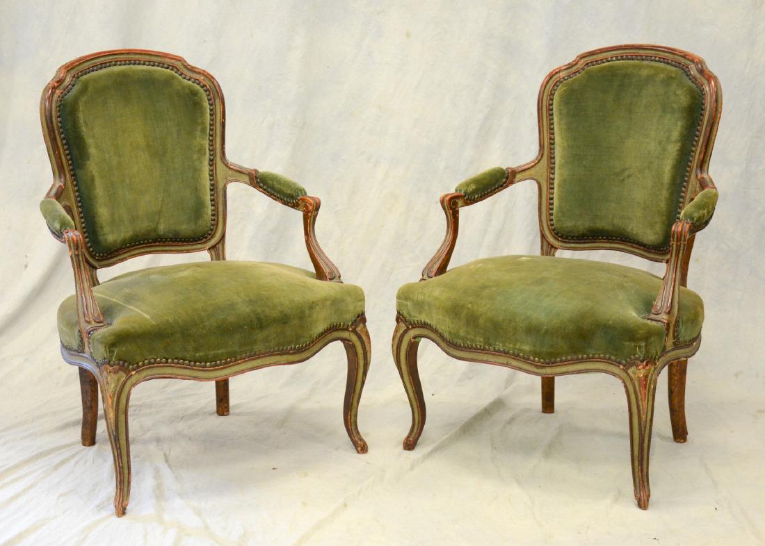 Pair of Painted Louis XV Green Painted Fauteuils (1 of 2)