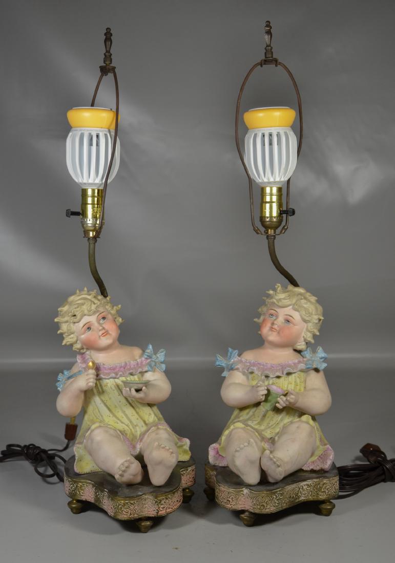 Pr Continental bisque children mounted as lamps (1 of 3)