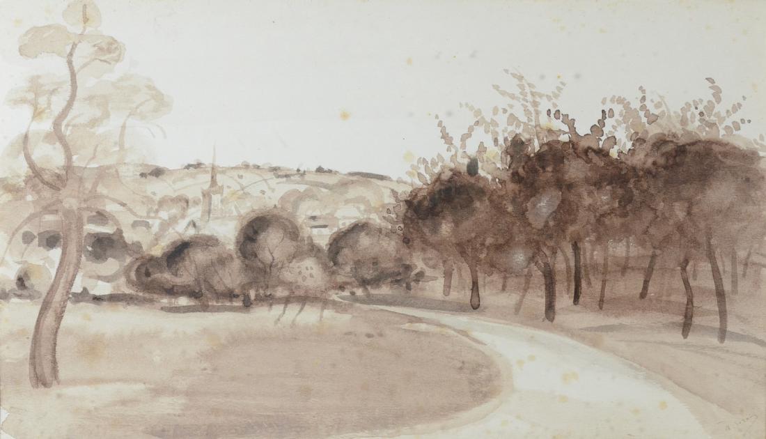 Andre Derain, French, sepia watercolor landscape: Andre Derain (French, 1880-1954), sepia watercolor landscape, signed "A Derain" lower right, 11" x 19" sight, in a 20-1/2" x 28" frame, good condition with some foxing spots