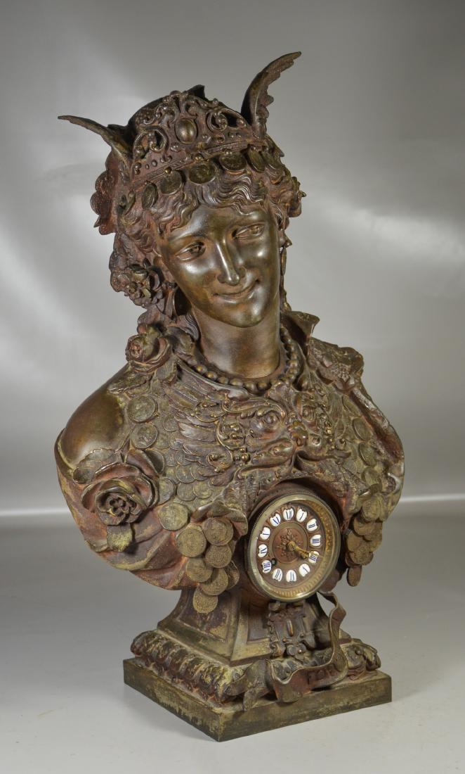 Patinated white metal French clock, bust of Fortuna (1 of 6)
