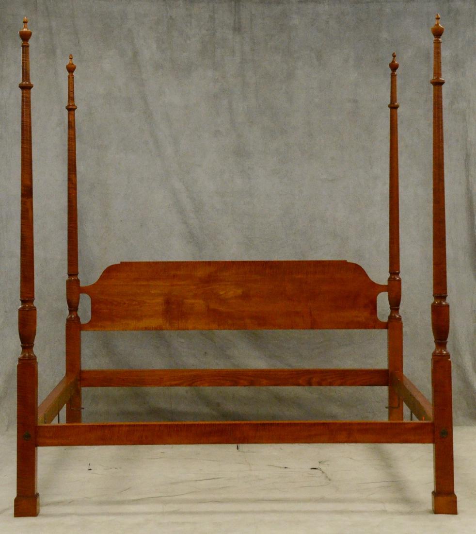 Figured maple king size 4 post bed, by Louis Irion: Figured maple king size 4 post bed custom made by Louis Irion, Sheraton style with turned posts, 95 1/2" tall to finials, 80" long inside rails, 78" wide inside rails ***Condition Report: The bed comp