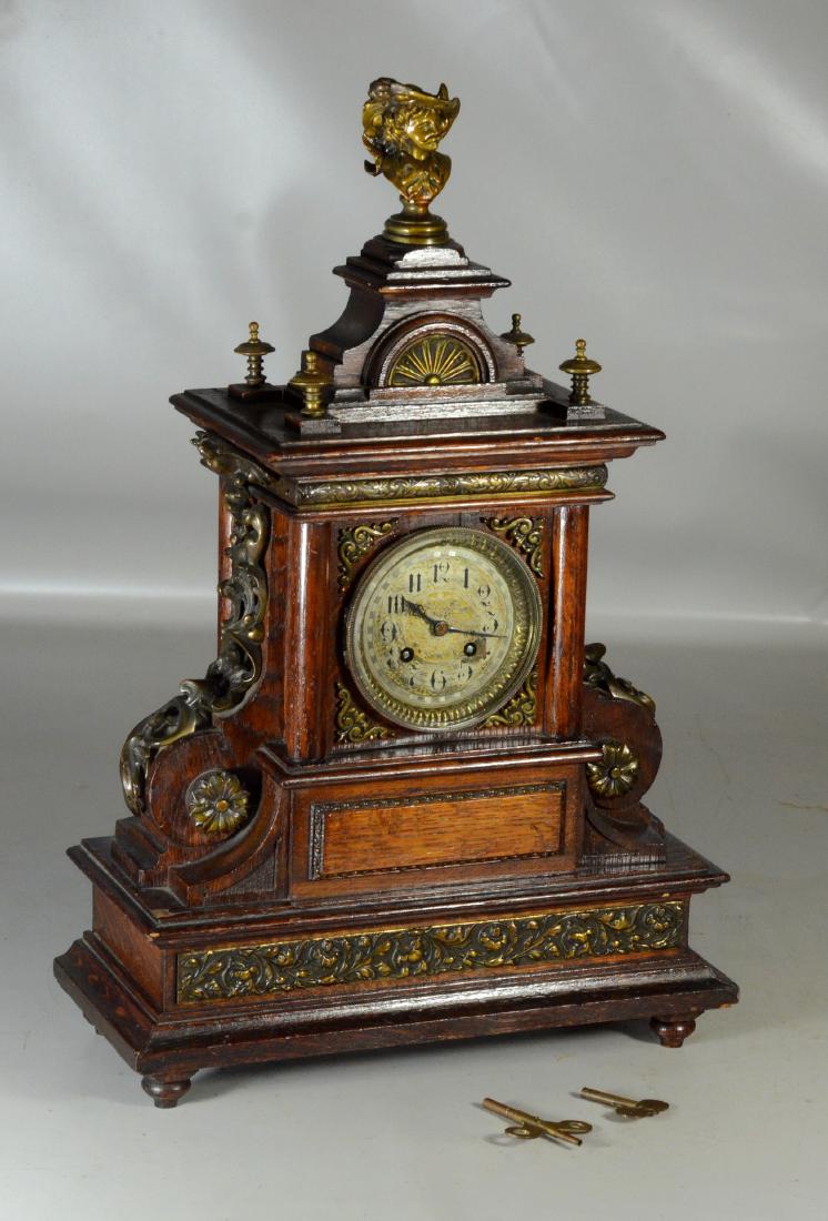 Oak Japy Freres French mantle clock, 22" h (1 of 7)