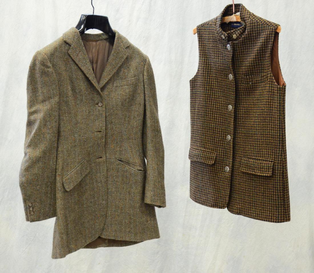 Vintage Ladies Riding Coat and Wool Vest: Vintage ladies riding coat, herringbone wool, with Millers NY label, together with a Breeches wool vest