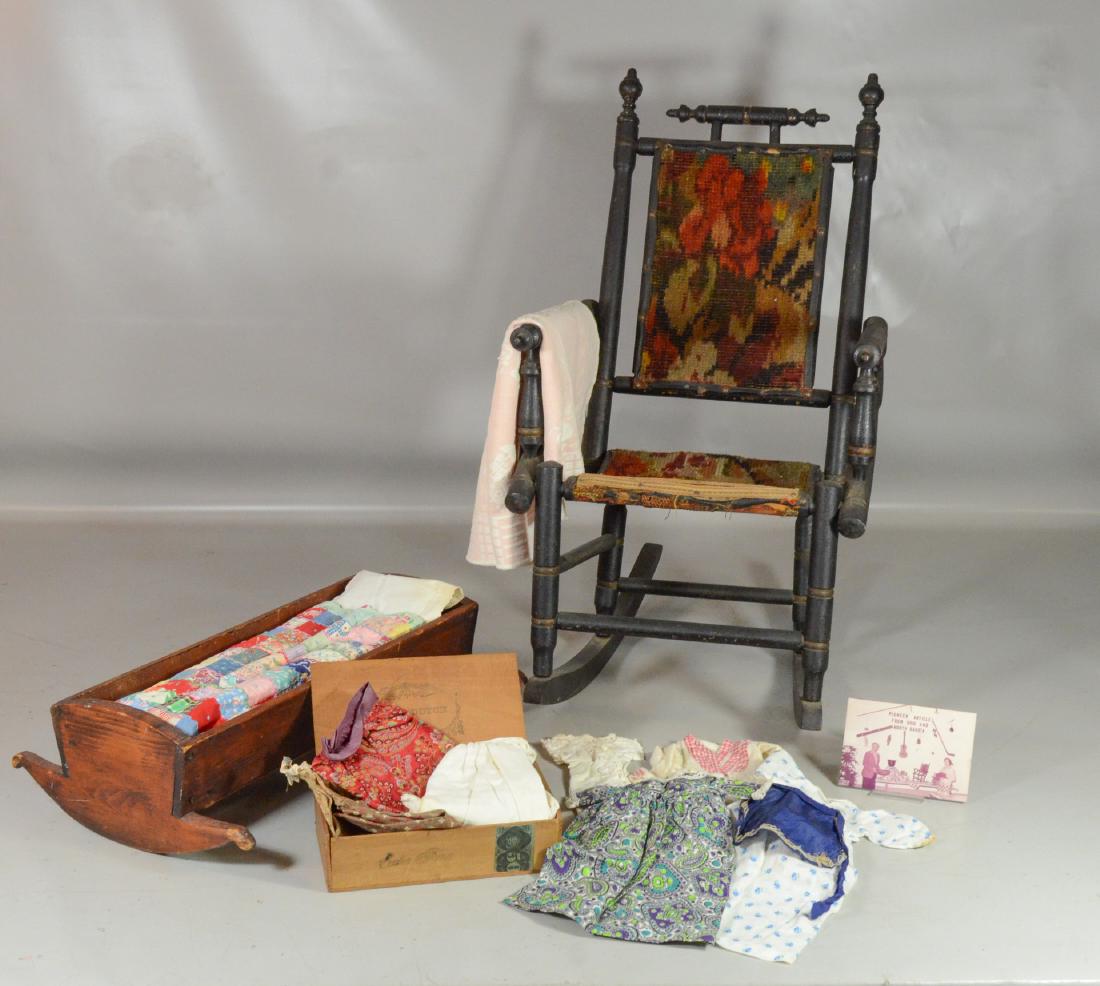 Child's carpet rocker, cradle, doll clothes (1 of 6)