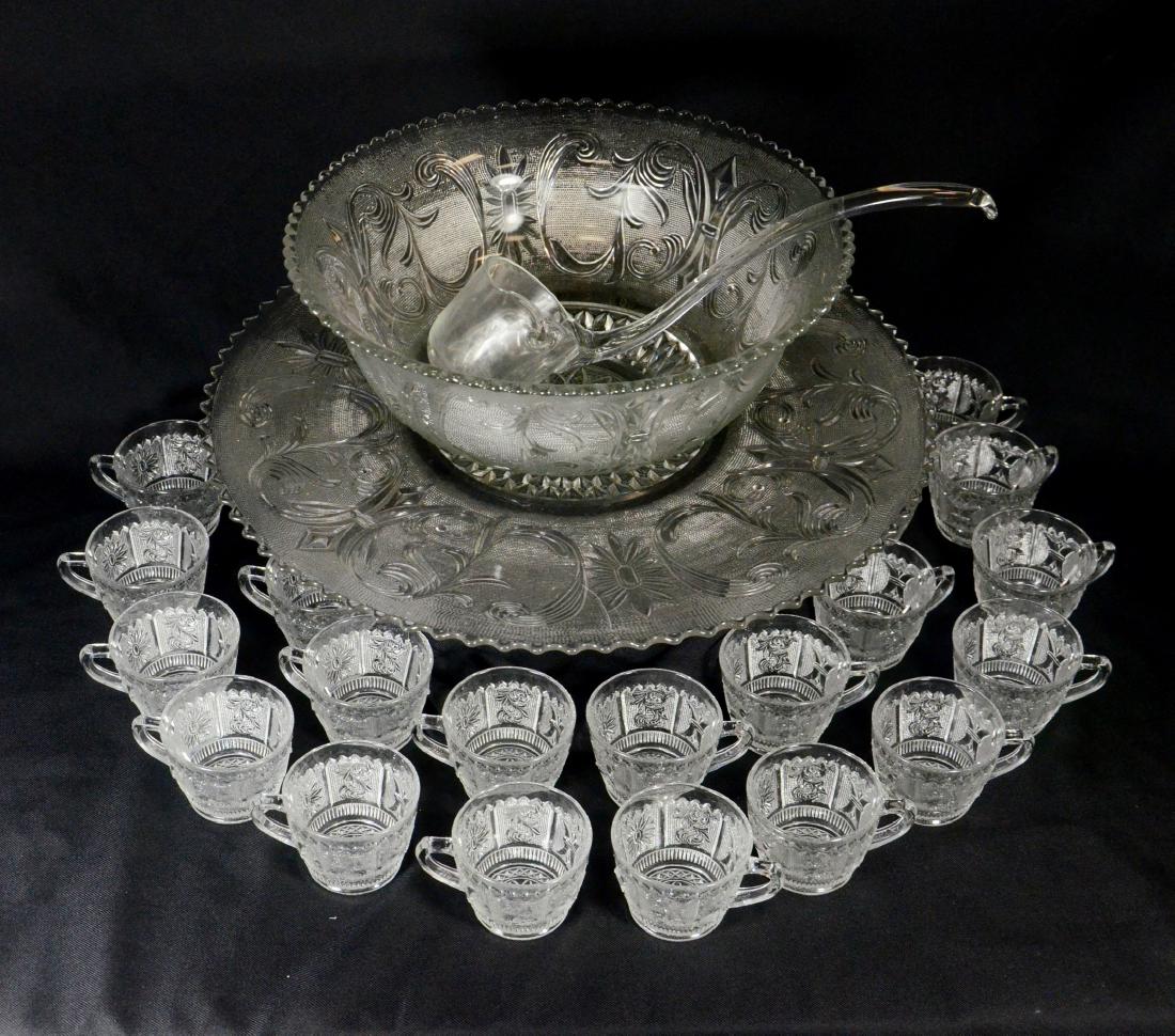Large lacey style glass punchbowl, undertray & ladle (1 of 5)