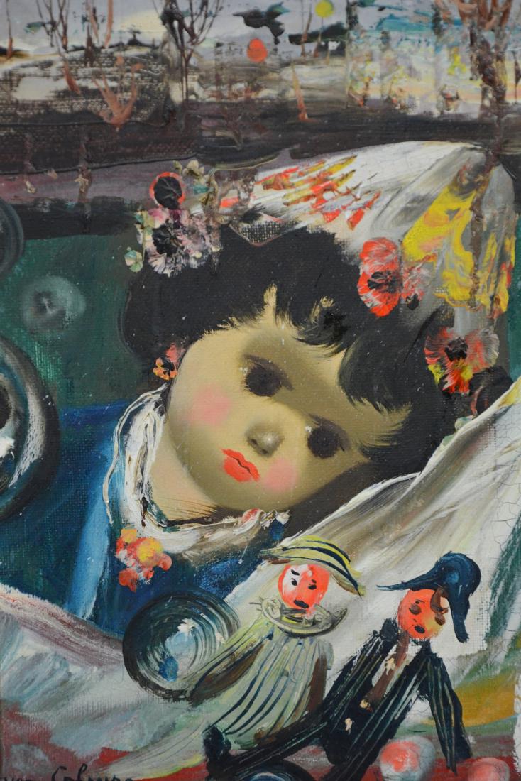 Jean Calogero painting of young girl with dolls: Jean Calogero (Italian-American, 1922-2001), painting of young girl with dolls, oil on canvas, signed lower left, 10-3/4" x 8-3/4", in a 15" x 12-3/4" frame, good condition, craquelure on right side