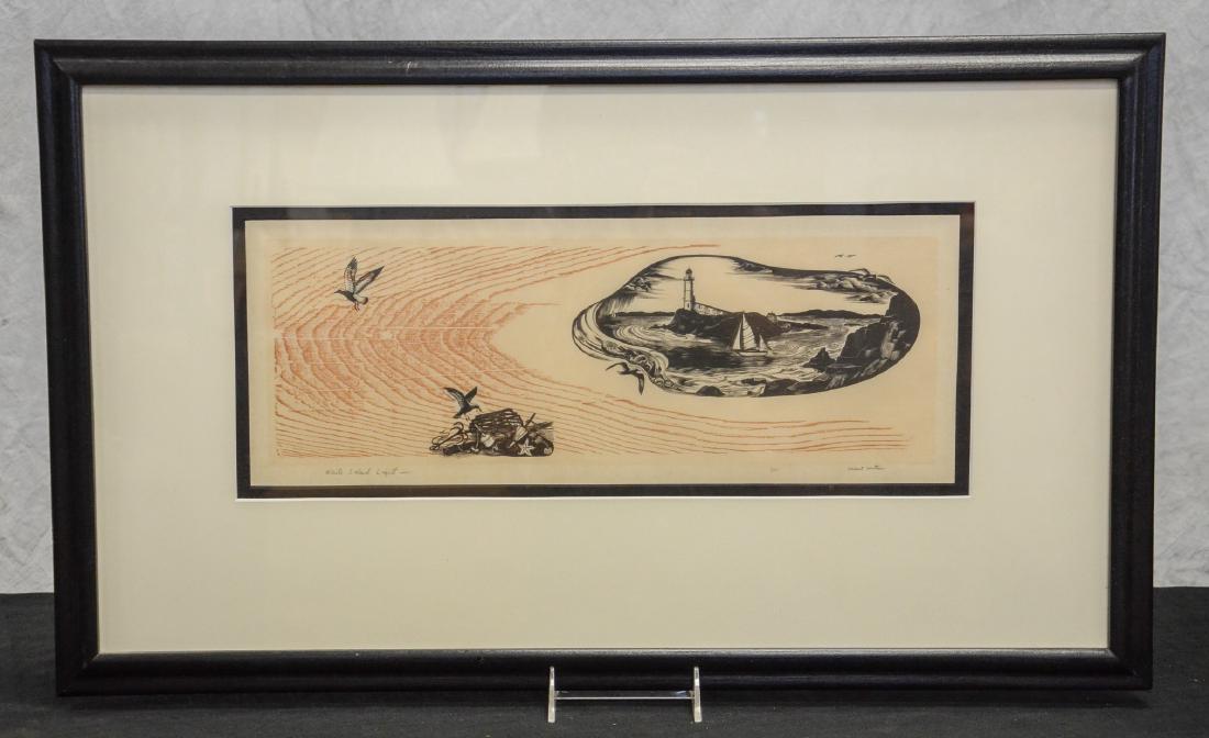 Herbert Ogden Waters, woodcut, "White Island Light": Herbert Ogden Waters, woodcut on paper, "White Island Light", edition of 30, 5-3/4" x 17" plate, in a 16-1/2" x 27-3/4" frame, very good condition
