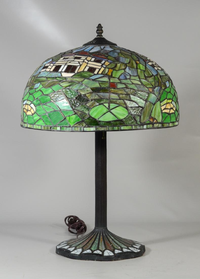 Leaded glass table lamp, shade with stylized houses, (1 of 6)