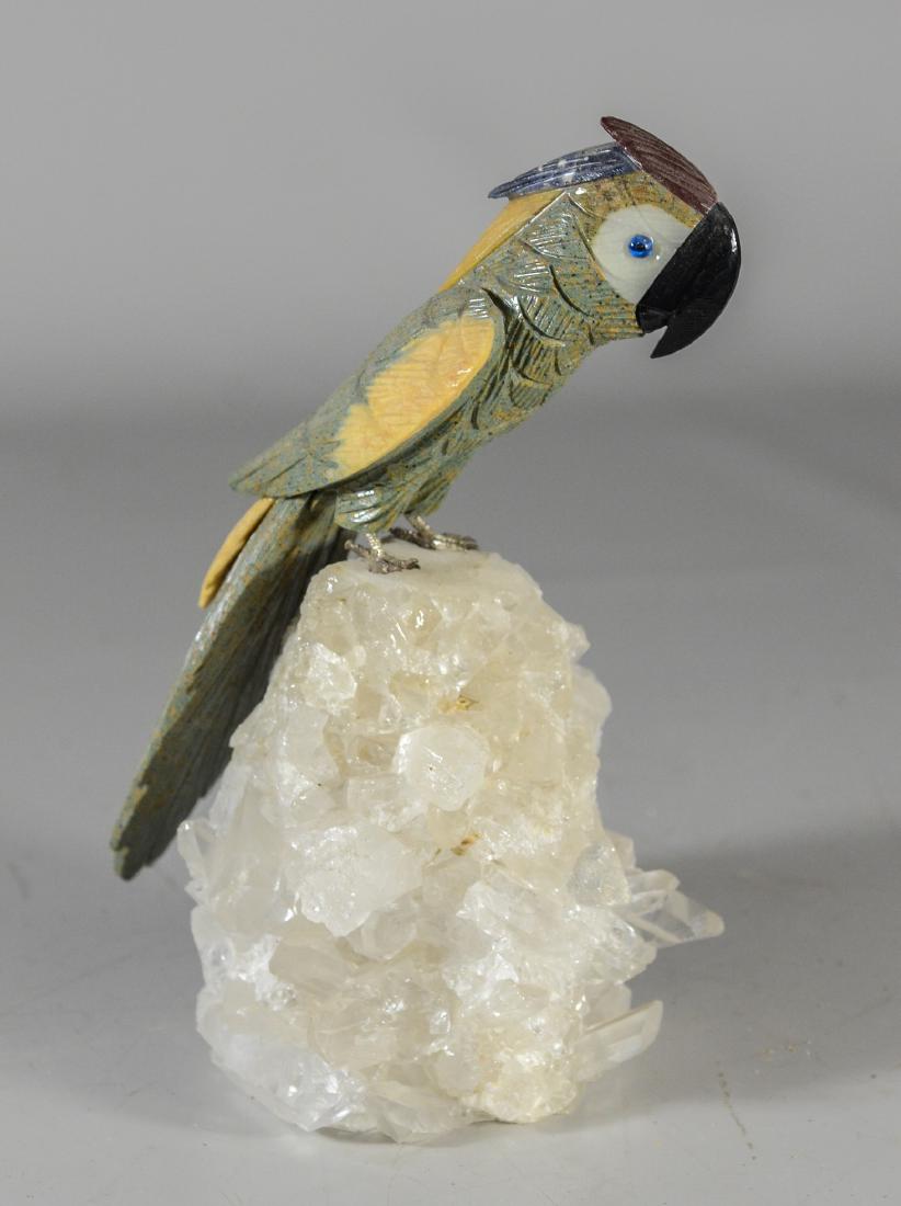 Stone specimen parrot on a rock crystal geode base, 10" (1 of 2)