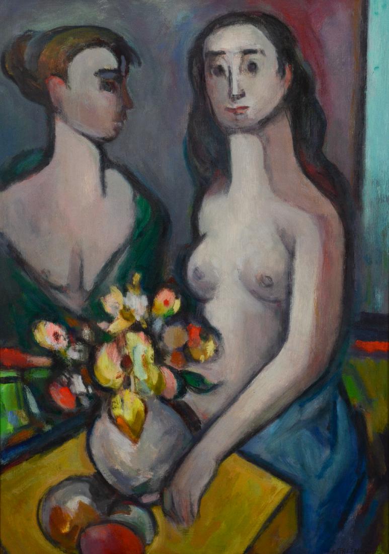 G. Ralph Smith, American (1907-2007), painting of a: G. Ralph Smith, American (1907-2007), painting of a female nude, "Conversation", oil on masonite, measures 14" x 20", framed size 16 1/2" x 22 1/2", very good condition