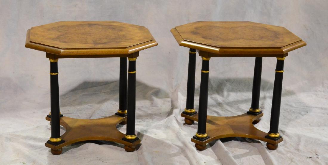 Pr of Baker octagonal Burl Walnut Side Tables; ebonized (1 of 5)