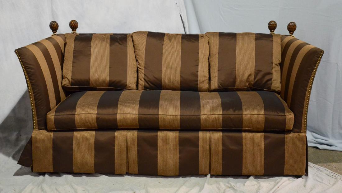 Sherrill custom upholstered sofa, brown striped: Sherrill custom upholstered sofa, brown striped upholstery, pineapple finials, 38"h x 83"w x 33"d
